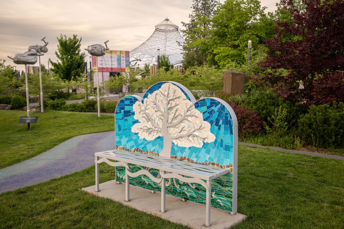 A new Jilin City Sister City Bench, designed by local artist Mallory Battista, has been installed in the Sister Cities Connection Garden in Riverfront Park. (COLIN MULVANY /THE SPOKESMAN-REVIEW)