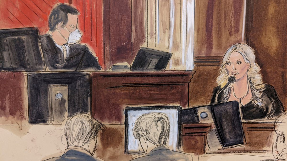 This courtroom sketch shows presiding Judge Jesse Furman, left, listening as Stormy Daniels testifies in her lawsuit trial against Michael Avenatti in federal court on Friday in New York.  (Elizabeth Williams)