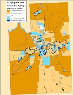 Precinct map of Spokane County Proposition 1 from the Wednesday vote tally. (Jim Camden)