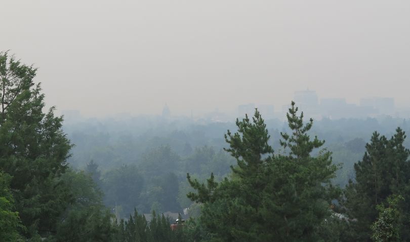 Boise's ghostly skyline, barely visible from the foothills, as air quality hits unhealthy levels on Tuesday morning, Sept. 5, 2017. (Betsy Z. Russell)