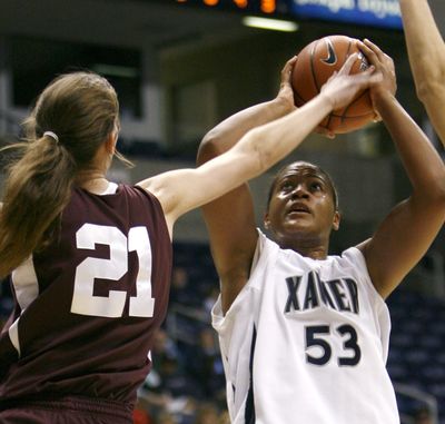 Ta’Shia Phillips leads Xavier in scoring and is fourth in the nation in rebounding and shooting. (Associated Press / The Spokesman-Review)