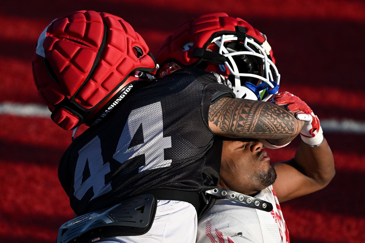 Eastern Washington Eagles running back Kevin Allen III (41) loses his helmet on a drill during 2025 Red-White Game on Friday, Apr. 18, 2025, on Roos Field in Cheney, Wash.  (Tyler Tjomsland/The Spokesman-Review)