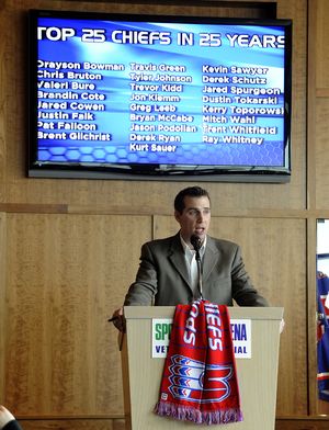 Jay Stewart of the Spokane Chiefs names the top 25 Chiefs players in the last 25 years during a press conference at the Spokane Arena Friday February 26, 2010.   (Christopher Anderson / The Spokesman-Review)