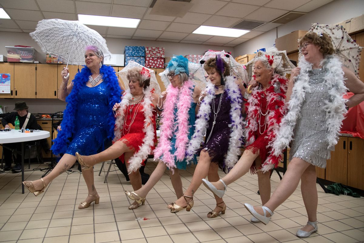 Members of the Hillyard Belles, from left, Penny Sagendorf, Stella Schindler, Janet Ashley, Judy Payne, Sally Lorraine and Lauri Siemens form a chorus line in rehearsal for their shows Feb. 3 at the Hillyard Senior Center. The group has been in existence for many years and is looking for more members. They hope to acquire more gigs after two years of COVID-19 restrictions. (Jesse Tinsley/THE SPOKESMAN-REVIEW)