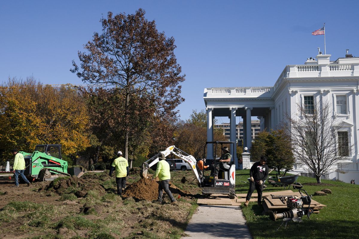 Landscapers work on replacing the lawn of the White House, Monday, Nov. 9, 2020, in Washington.  (Evan Vucci)