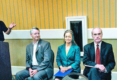 
Spokane mayoral hopefuls, from left, Al French, Mary Verner and Dennis Hession are introduced at a forum Monday  at the Red Lion at the Park in Spokane. 
 (Brian Plonka / The Spokesman-Review)