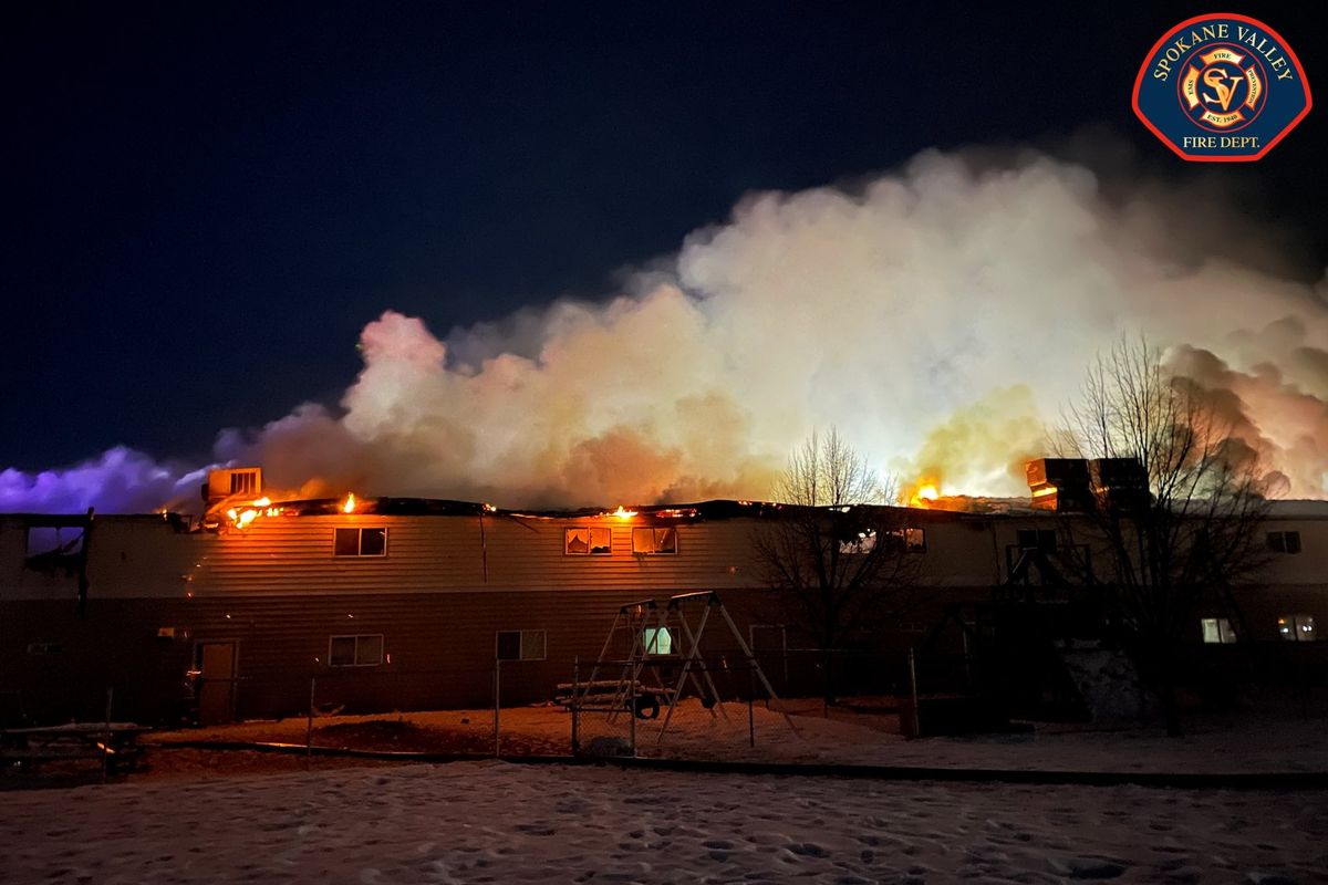 River Church in Post Falls caught fire Sunday morning. Fire departments across Kootenai County and Spokane Valley mobilized to knock it down.  (Courtesy of Spokane Valley Fire Department)