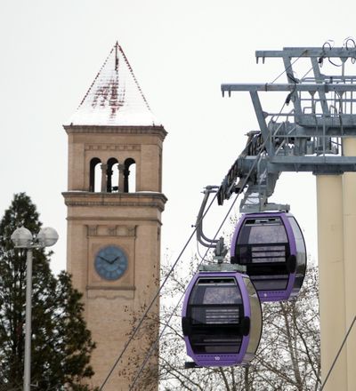 Gondola cars reach the top of the cable run from under the Monroe St. bridge back to the station in Riverfront Park last week. (Jesse Tinsley / The Spokesman-Review)