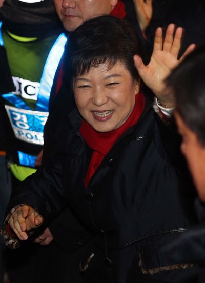 South Korea’s president-elect Park Geun-hye waves to supporters in Seoul, South Korea, on Wednesday. (Associated Press)