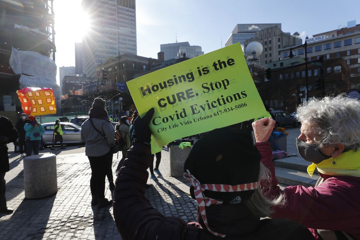 Tenants’ rights advocates demonstrate outside the Edward W. Brooke Courthouse on Jan. 13 in Boston.  (Michael Dwyer)