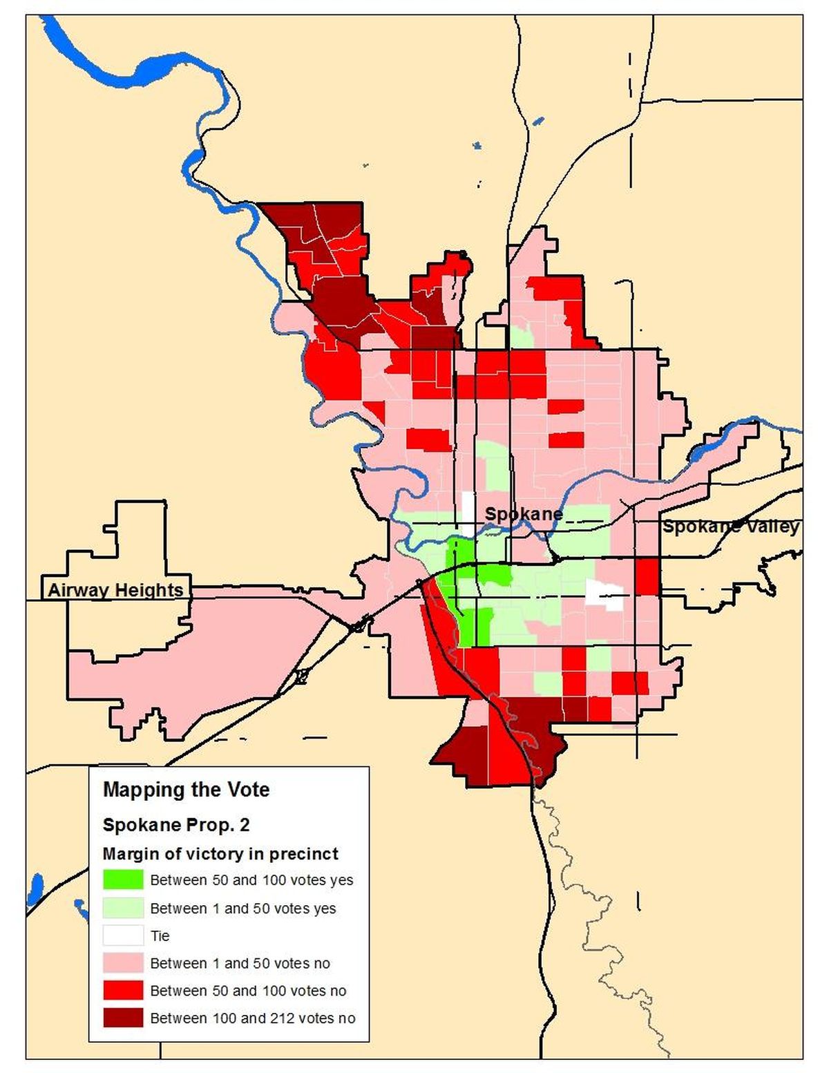 Map of the Election night results for Spokane Proposition 2 shows voters closest to downtown tracks were most likely to support the measure (Jim Camden / The Spokesman-Review)