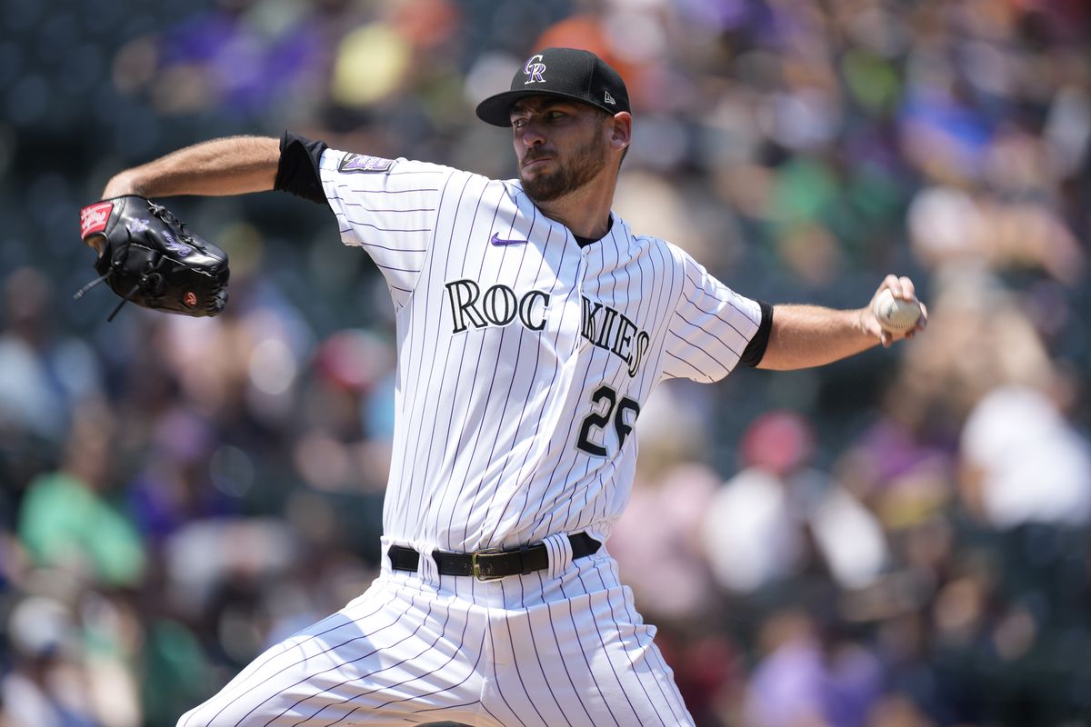 Colorado Rockies starting pitcher Austin Gomber works against the Seattle Mariners in the first inning of a baseball game Wednesday, July 21, 2021, in Denver.  (Associated Press)