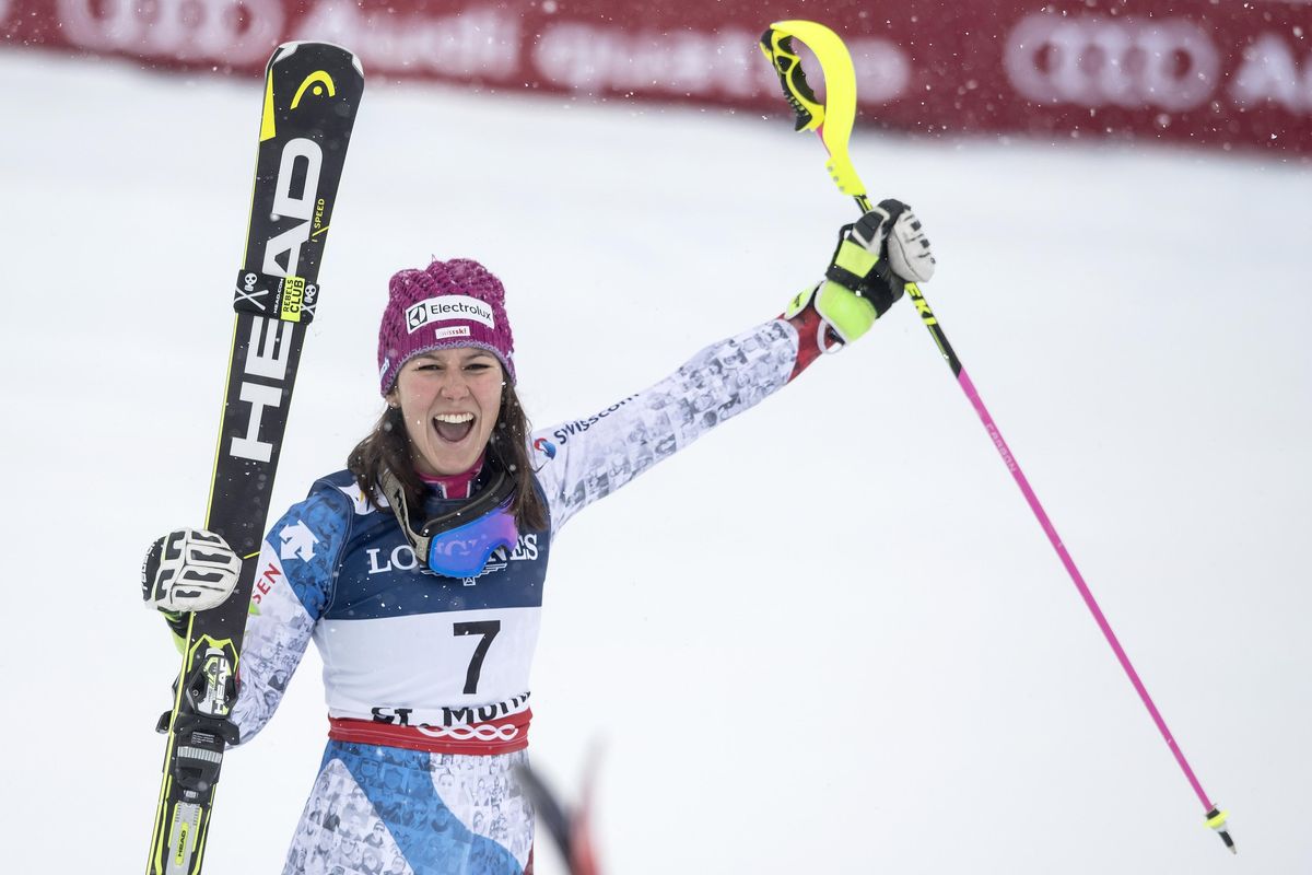 Wendy Holdener of Switzerland reacts in the finish area during the women‘s combined slalom race at the 2017 Alpine Skiing World Championships in St. Moritz, Switzerland, Friday, Feb. 10, 2017. (Peter Schneider / Keystone via AP)