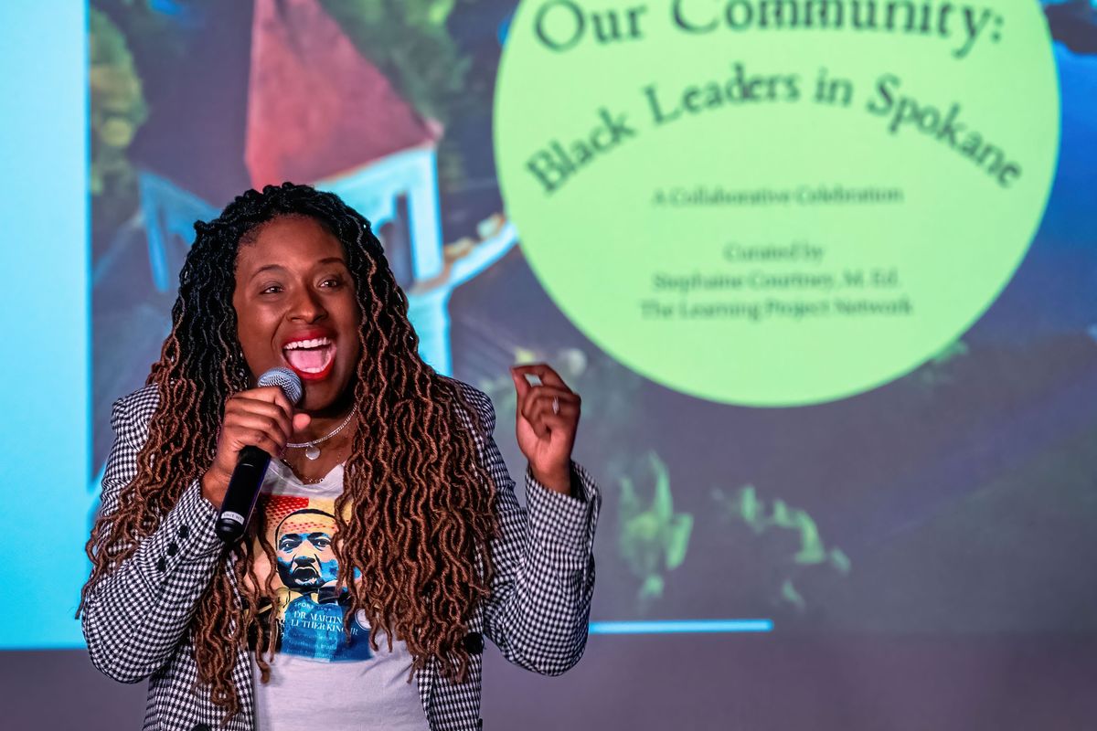 Stephaine Courtney, author of “Our Community: Black Leaders in Spokane,” speaks Wednesday at the Northwest Passages’ Black Voices Symposium at Central Library.  (COLIN MULVANY/THE SPOKESMAN-REVIEW)