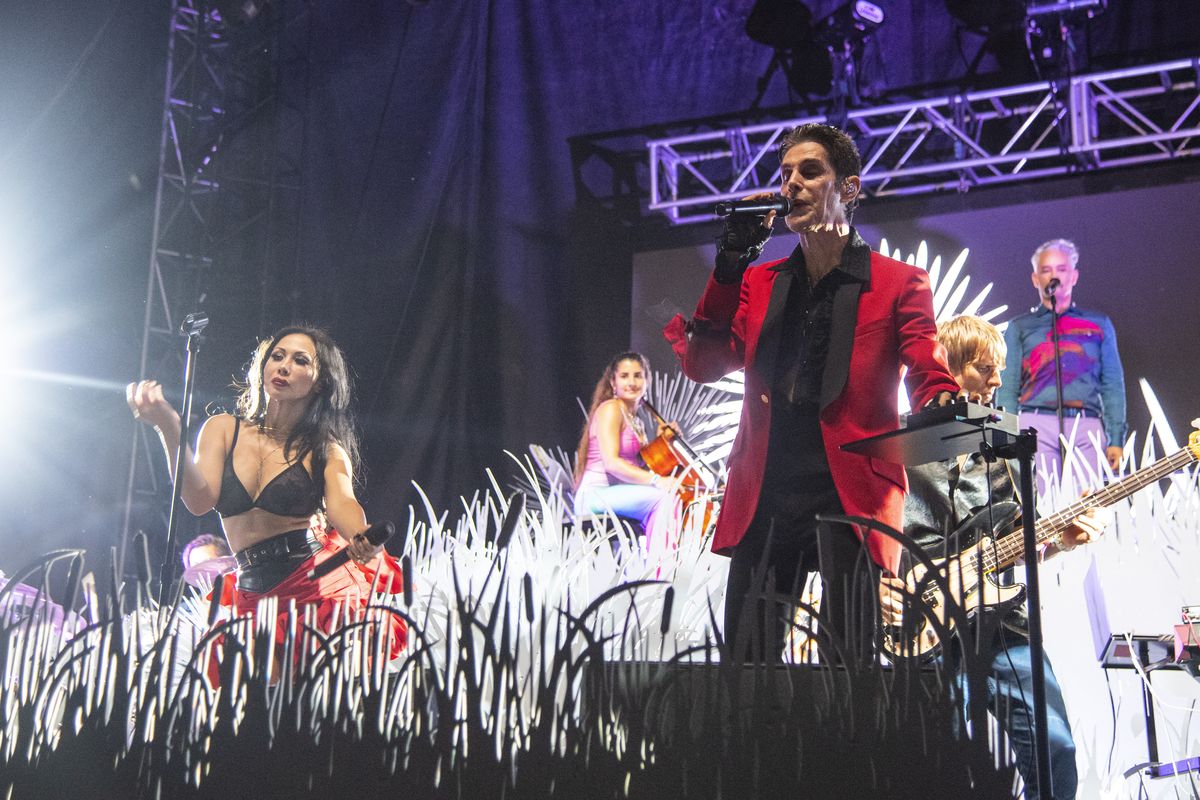 Etty Lau Farrell and Perry Farrell of Perry Farrell’s Kind Heaven Orchestra perform on day four of Lollapalooza in Grant Park on Aug. 4, 2019, in Chicago.  (Amy Harris/Associated Press)