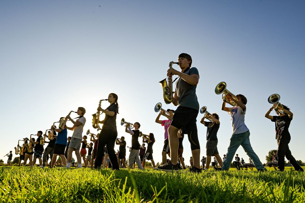 Mt. Spokane Marching Band performs their routine during band practice on the school’s field, Thursday, Sept. 14, 2023.  (COLIN MULVANY/THE SPOKESMAN-REVIEW)