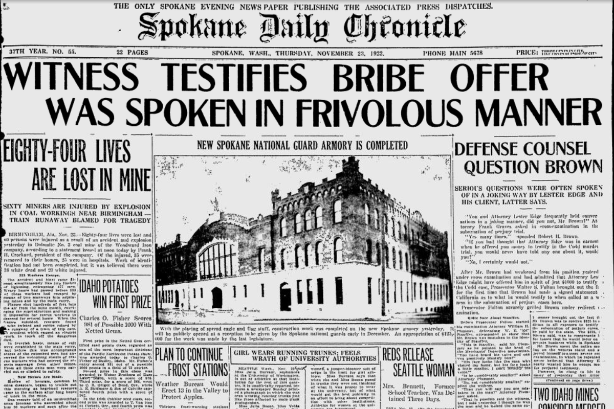 Robert H. Brown, one of the defendants in the Maurice Codd perjury trial, admitted that one of Codd’s attorneys had offered him $1,000 to testify in Codd’s defense in the murder trial, the Spokane Daily Chronicle reported on Nov. 23, 1922.  (Spokesman-Review archives)