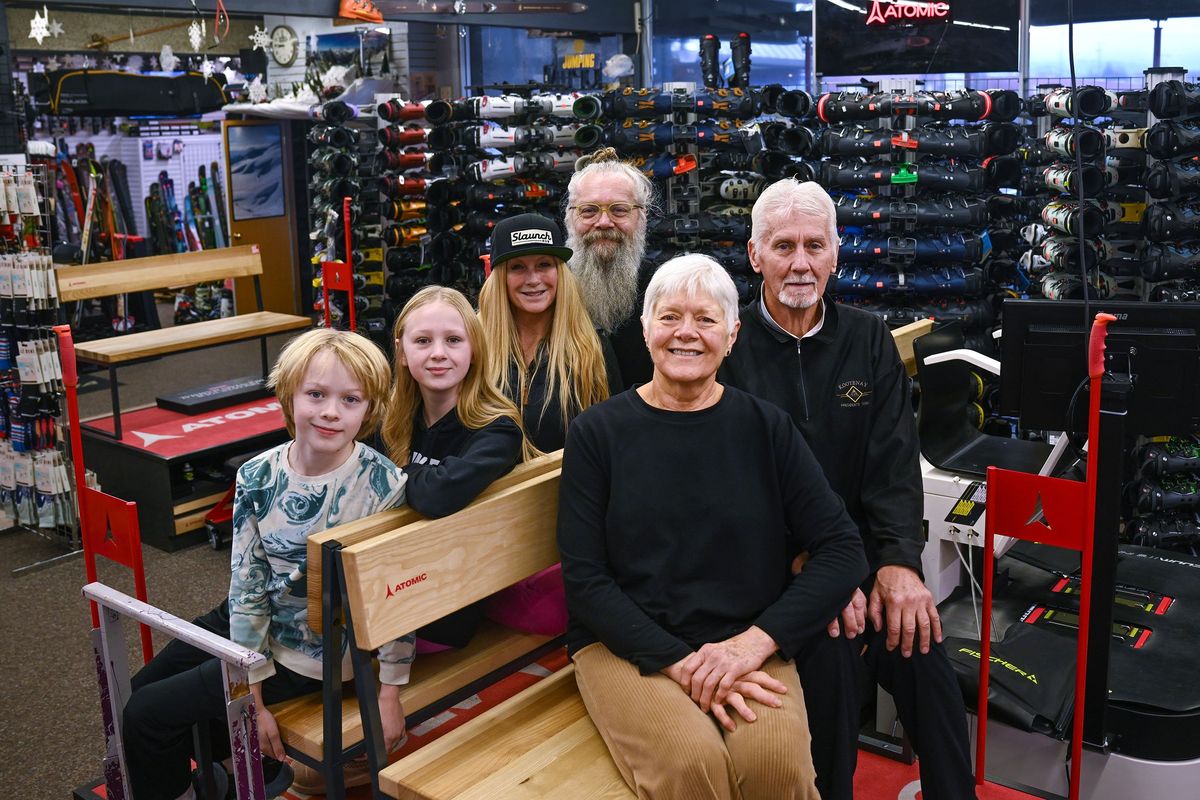 The Sports Creel is Spokane’s oldest ski store owned by the Genteman family. Front bench from left are Lin and Herb Genteman, and rear bench from left, Marshall, 9, Olivia, 11, TJ and Micah are photographed Nov. 27 in Spokane Valley.  (Kathy Plonka/The Spokesman-Review)