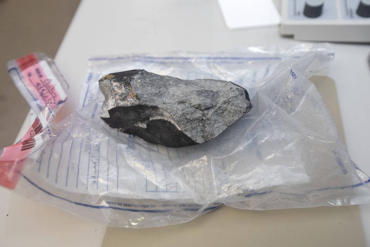 The "Titusville, NJ" meteorite undergoes analysis at the College of New Jersey. MUST CREDIT: Photo courtesy of Anthony DePrimo.  (Anthony DePrimo/Handout)
