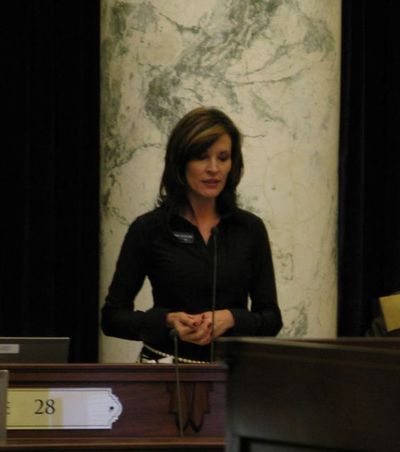 Rep. Janice McGeachin, R-Idaho Falls, debates in favor of the health care nullification bill, HB 117, in the House on Wednesday. She chairs the House Health & Welfare Committee. (Betsy Russell)