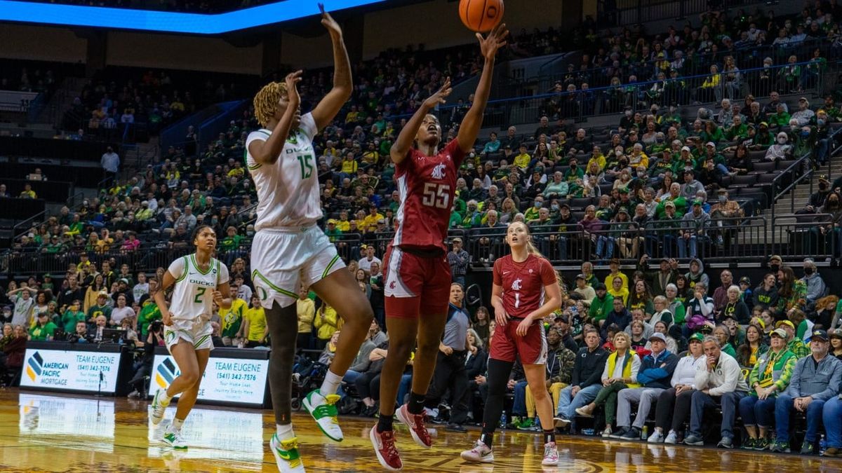 Washington State center Bella Murekatete attempts a shot during a Pac-12 game against Oregon on Jan. 15 at Matthew Knight Arena in Eugene.  (WSU Athletics)