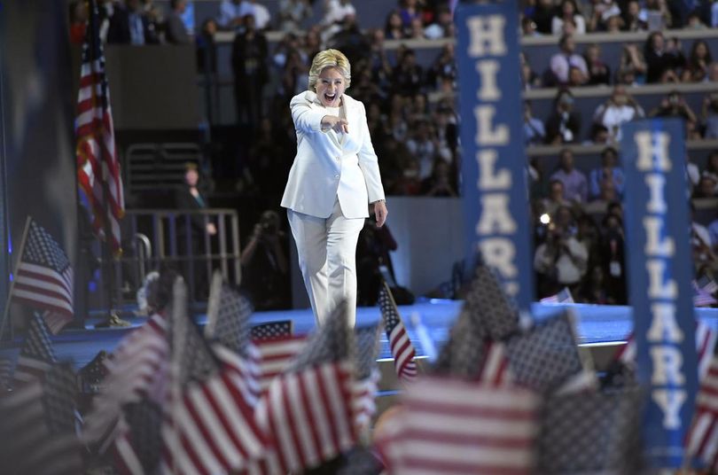 Hillary Clinton takes the stage before accepting the Democratic presidential nomination Thursday night in Philadelphia. (Mark J. Terrill / Associated Press)