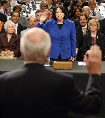 Senate Judiciary Committee Chairman Sen. Patrick Leahy, D-Vt., swears in Supreme Court nominee Sonia Sotomayor on Capitol Hill in Washington, D.C., on July 13, 2009, during her confirmation hearing before the committee. (Associated Press)