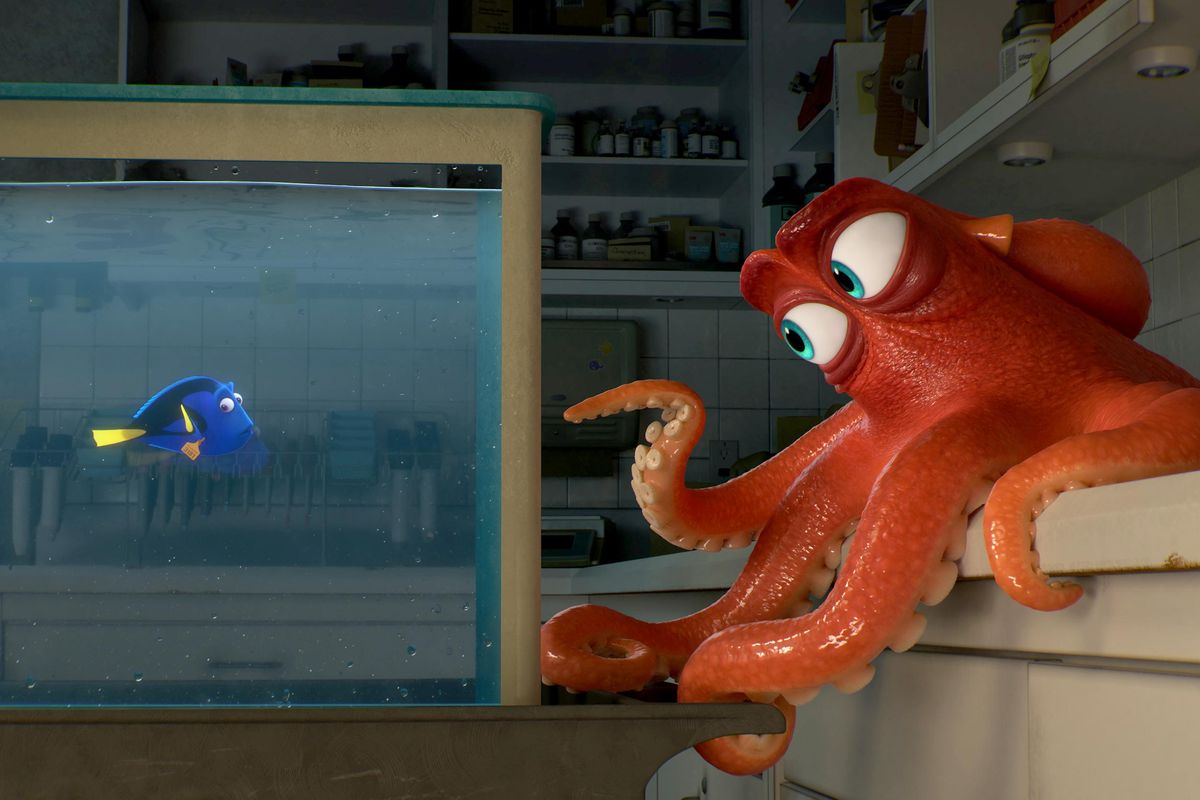 In "Finding Dory," Dory (voice of Ellen DeGeneres) encounters an array of new and old acquaintances, including an octopus named Hank (voice of Ed O
