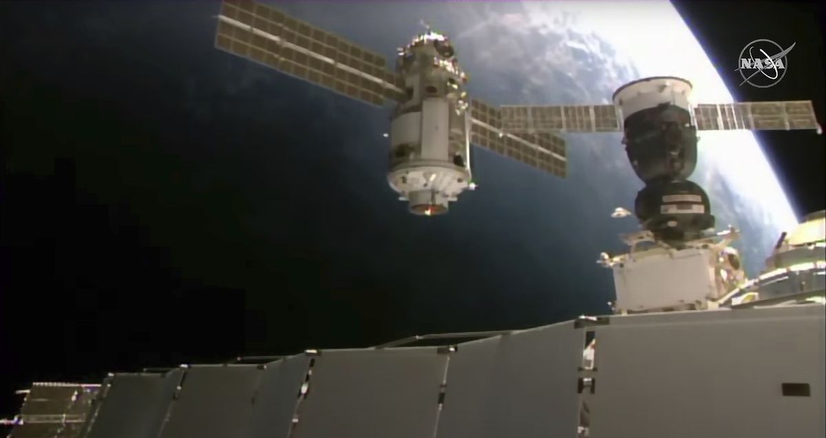 This Thursday, July 29, 2021 image provided by NASA shows the 20-metric-ton (22-ton) Nauka module, also called the Multipurpose Laboratory Module as it approaches the International Space Station space station. Russia’s long-delayed lab module successfully docked with the International Space Station on Thursday, eight days after it was launched from the Russian space launch facility in Baikonur, Kazakhstan.  (HOGP)