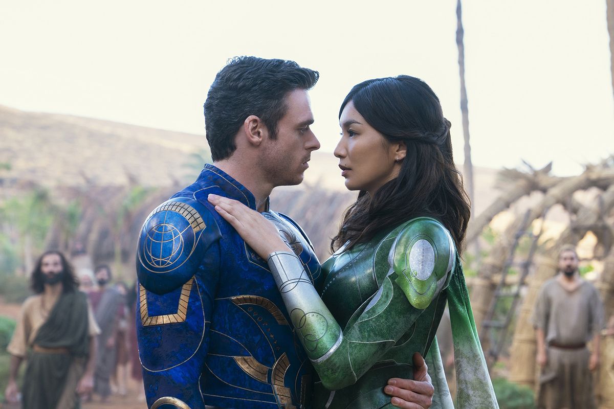 Richard Madden is Ikaris and Gemma Chan is Sersi in Oscar-winning director Chloe Zhao’s “Eternals.”  (Sophie Mutevelian/Marvel Studios)