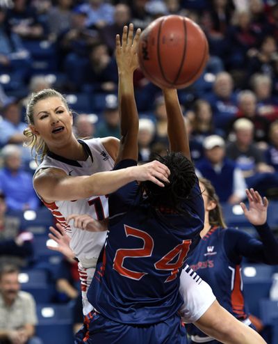 Gonzaga guard Laura Stockton (11) makes a pass around Saint Mary's guard Samira McDonald (24) during the first half of a woman's college basketball game, Thur., Jan. 21, 2016, in the McCarthey Athletic Center. COLIN MULVANY colinm@spokesman.com (Colin Mulvany / The Spokesman-Review)