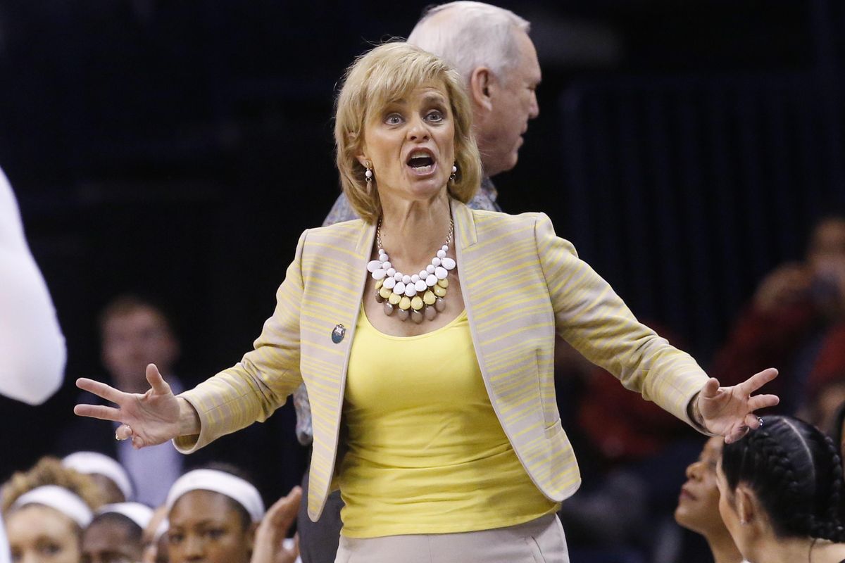 Baylor head coach Kim Mulkey gestures to an official in the second quarter of an NCAA college basketball game against Texas Tech in the Big 12 Conference women’s tournament in Oklahoma City, Saturday, March 5, 2016. (Sue Ogrocki / Associated Press)