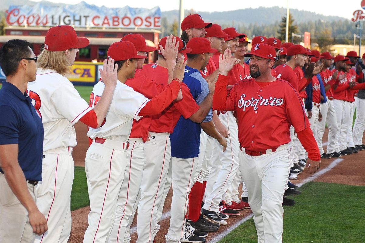 Spokane Indians manager Kenny Holmberg (right) is introduced before the final regular season game against the Vancouver Canadians at Avista Stadium on Monday, Sept. 3, 2018. (James Snook / Courtesy Spokane Indians)