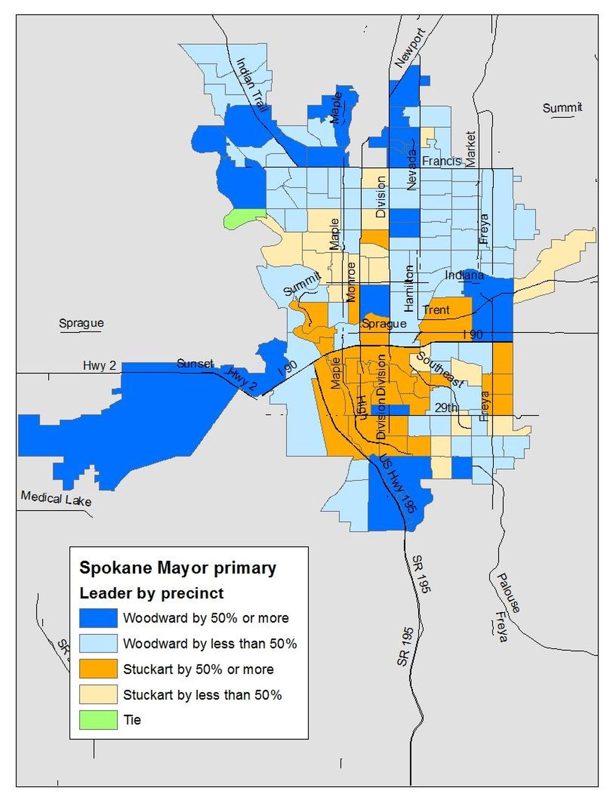 The race for Spokane mayor tightened slightly as a result of Friday’s vote count. Former television anchor Nadine Woodward still leads with just over 40% of the vote citywide, but City Council President Ben Stuckart closed the gap with nearly 38%, with strong showings in some heavy voting precincts. (Jim Camden / The Spokesman-Review)