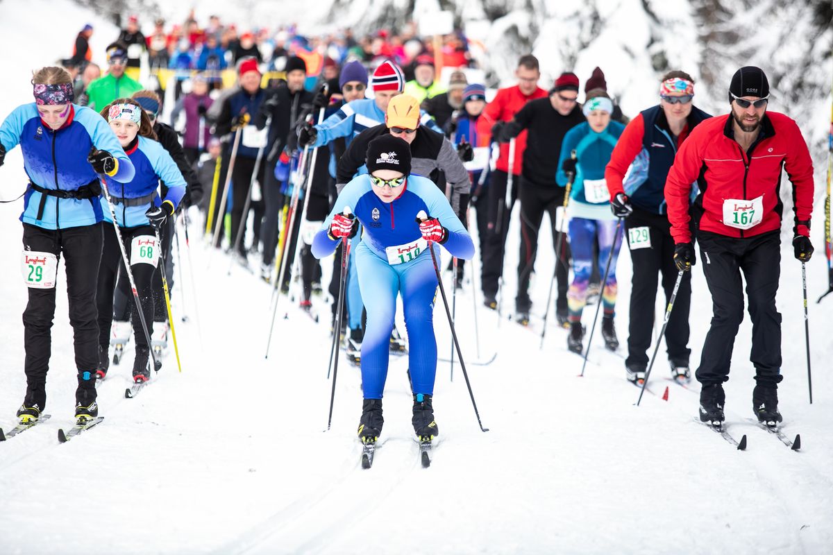 A wave of skiers take off during the 40th annual Spokane Langlauf cross country ski race at the Mt. Spokane Cross-Country Ski Park on Feb. 9.  (Libby Kamrowski)