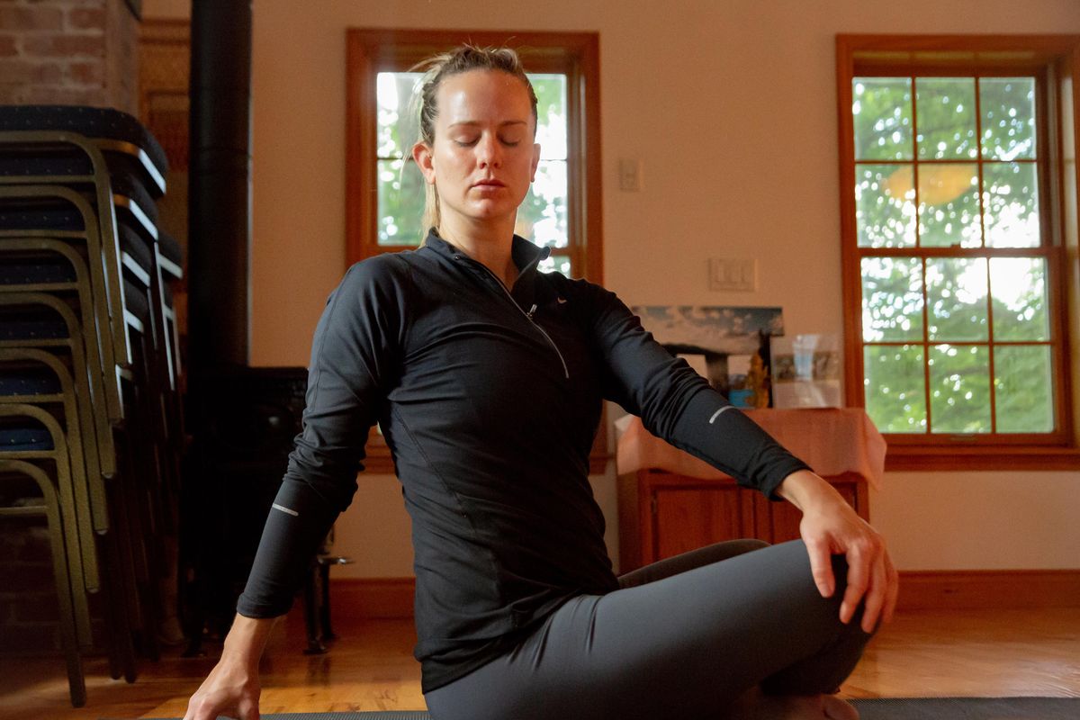 Jessica Bartlett participates in a Tuesday morning Hatha class at Yasodhara Yoga Spokane studio on Sept. 17, 2019. Yasodhara emphasizes the spiritual aspects of yoga, led by teachers who have trained at the Yasodhara Ashram near Nelson, B.C., and the studio is located at 406 S. Coeur d’Alene St. (Libby Kamrowski / The Spokesman-Review)