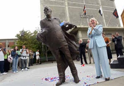 
Cathy Douglas Stone, widow of William O. Douglas, dedicates the statue of the late Supreme Court justice during a ceremony at Davis High School in Yakima on Wednesday.
 (Associated Press / The Spokesman-Review)