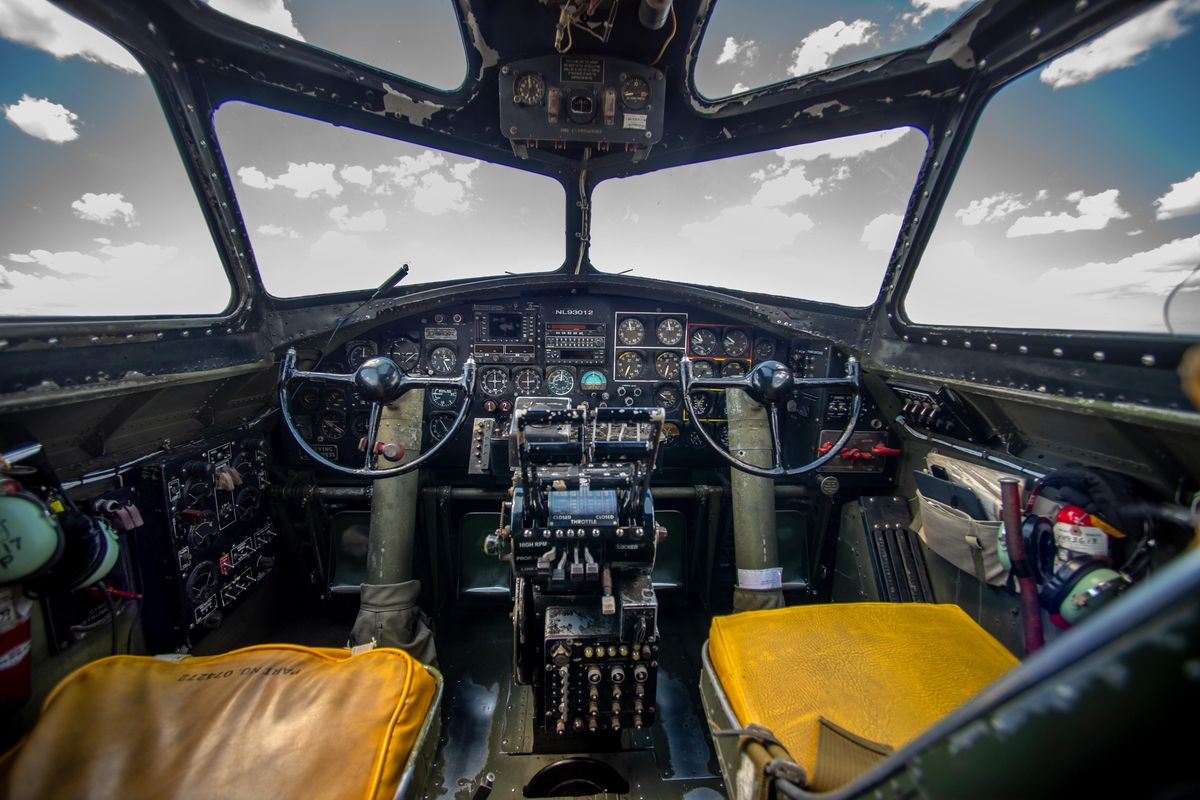 This is the cockpit of the B17 Flying Fortress visiting Spokane, Monday, July 1, 2019, at Signature Aviation at the Spokane International Airport. (Jesse Tinsley / The Spokesman-Review)