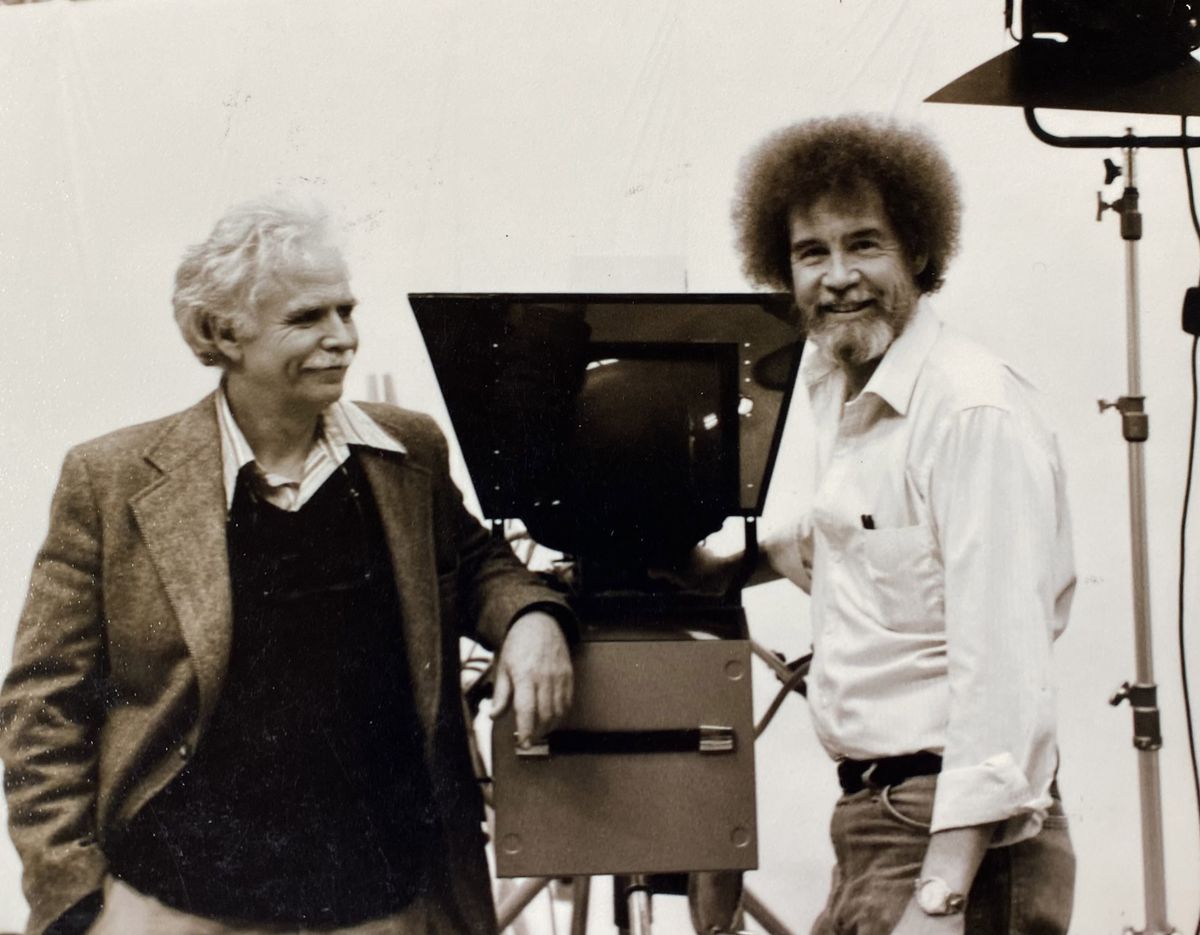 John Thamm and Bob Ross pose in Muncie, Indiana, at the filming of Episode 16 of “The Joy of Painting.”  (Courtesy of Kathy Thamm)
