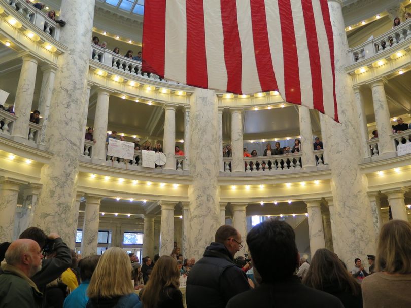Crowds fill the Idaho Capitol rotunda on Monday, Jan. 15, 2018 for the state's official Martin Luther King Jr./Idaho Human Rights Day commemoration. (Betsy Z. Russell)