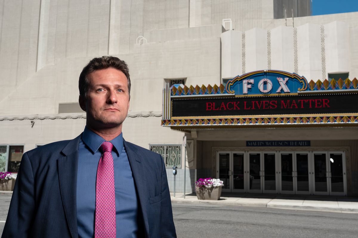 Spokane Symphony Executive Director Jeff vom Saal stands for a photo outside the Fox Theater on July 16, 2020.  (Colin Mulvany/the Spokesman-Review)