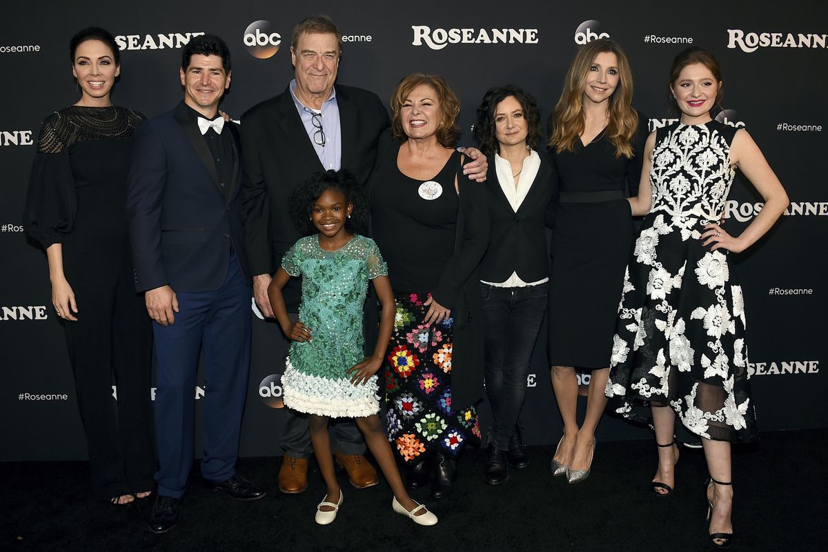 From left, Whitney Cummings, Michael Fishman, John Goodman, Jayden Rey, Roseanne Barr, Sara Gilbert, Sarah Chalke and Emma Kenney arrive at the Los Angeles premiere of “Roseanne” on Friday, March 23, 2018, in Burbank, Calif. (Jordan Strauss / Jordan Strauss/Invision/AP)