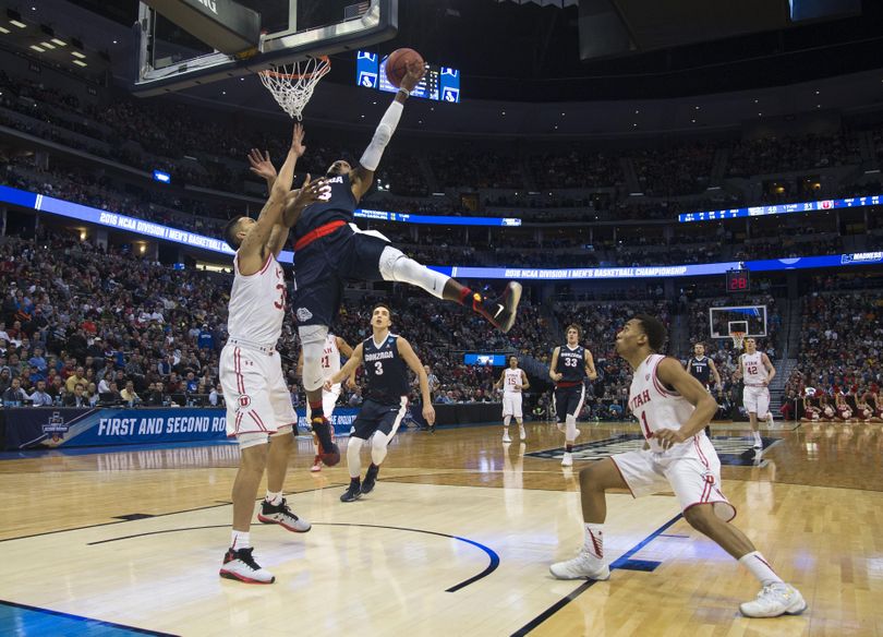 Gonzaga’s Eric McClellan is fouled and makes the shot against Utah in the second half at the Pepsi Center in Denver on Saturday, March 19, 2016. (Dan Pelle / The Spokesman-Review)