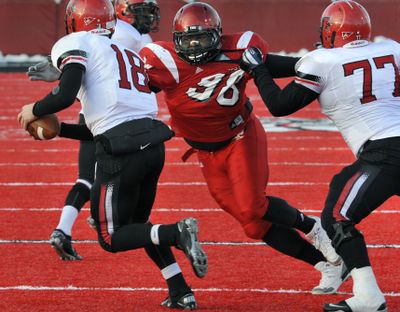 EWU's Renard Williams zeroes in on Southeast Missouri St. QB Matt Scheible during a December playoff game. (Dan Pelle)