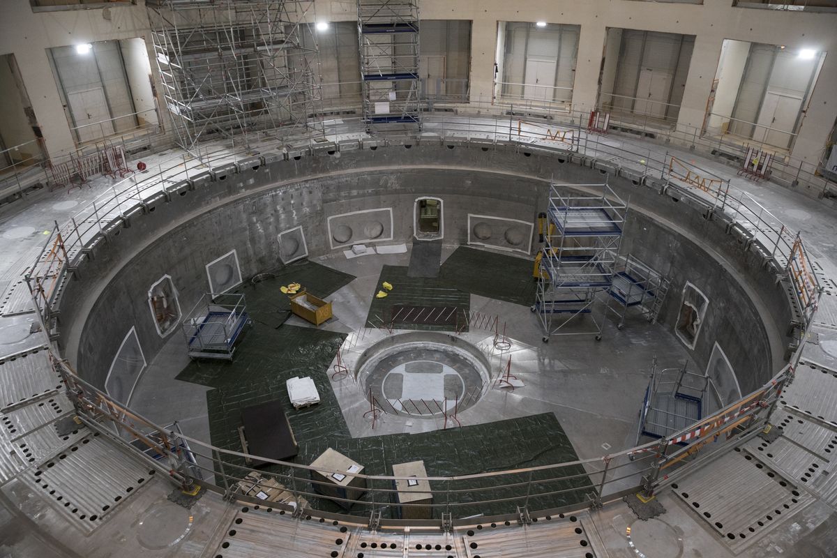 The base of the cryostat sits on Tuesday inside the bioshield of the ITER Tokamak in Saint-Paul-Lez-Durance, southern France.  (Daniel Cole)