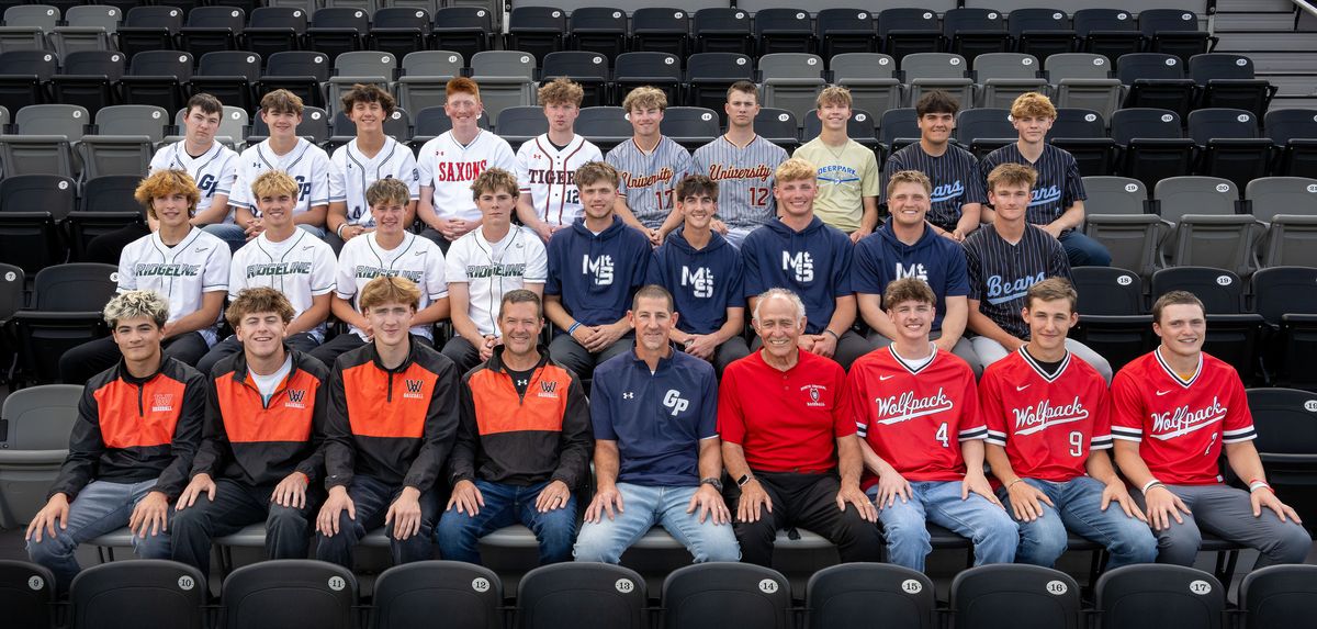 Greater Spokane League 4A/3A/2A baseball first team: Front: Noah Clouse (West Valley), Ethan Turley (West Valley), Brandon Spunich (West Valley), coach Cory Aitken (West Valley), coach Brian Munhall (Gonzaga Prep), coach Curly Rousseau (North Central), David Madsen (North Central), Kian Carruthers (North Central), Nick Elliott (North Central). Middle: Ben Wartinger (Ridgeline), Caden Andreas (Ridgeline), Charlie Lynn (Ridgeline), Mikey Macall (Ridgeline), Ryker Tweedy (Mt. Spokane), Reece Chimienti (Mt. Spokane), Braeden Parker (Mt. Spokane), Brayten Ayers (Mt. Spokane), Kamden Lanphere (Central Valley). Back: Connor Wood (Gonzaga Prep), Jackson Mott (Gonzaga Prep), Anthony Karis (Gonzaga Prep), Harper Dissmore (Ferris), Kyle Wilkinson (Lewis and Clark), Logan Spradling (University), Marco Longo (University), RJ Gillaspy (Deer Park), Tannon Marsalis (Central Valley), Eddie Dahle (Central Valley). Not pictured: Jackson Ables, Logenn Storer (Rogers); Pedar Tobeck (Deer Park); Joey Hecker, Brady Coulter, Adrian Hecker (Pullman); Hayden Line (Clarkston).  (COLIN MULVANY/The Spokesman-Review)