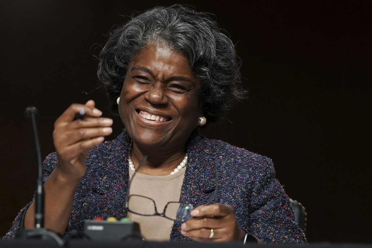 United States Ambassador to the United Nations nominee Linda Thomas-Greenfield smiles as she testifies during for her confirmation hearing before the Senate Foreign Relations Committee on Capitol Hill, Wednesday, Jan. 27, 2021, in Washington.  (Greg Nash)