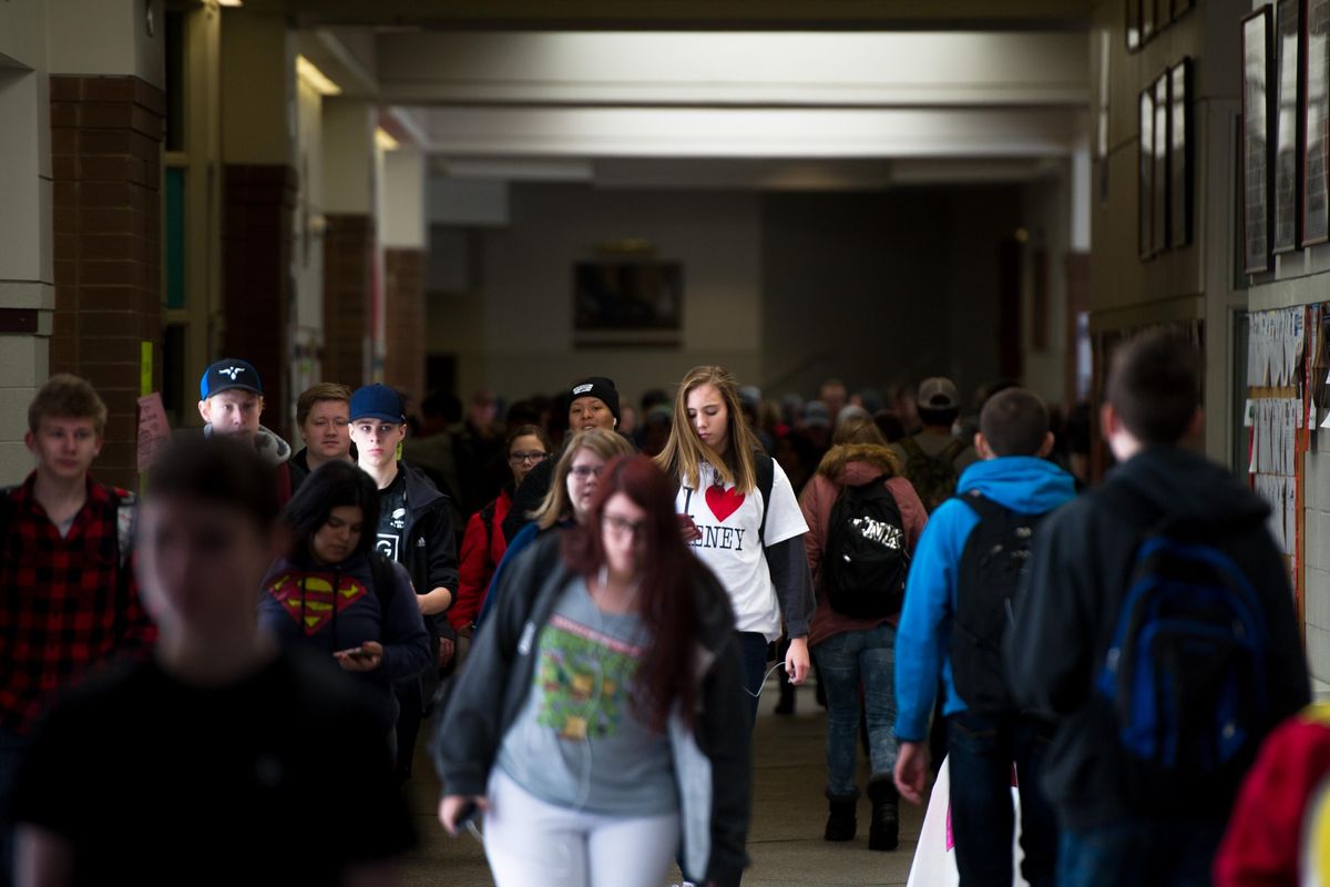 Cheney High students pack the halls as they head to class on Tuesday, Feb. 7, 2017, in Cheney, Wash. Cheney is trying to pass a $52 million bond to renovate the HS and some elementary schools. (Tyler Tjomsland / The Spokesman-Review)