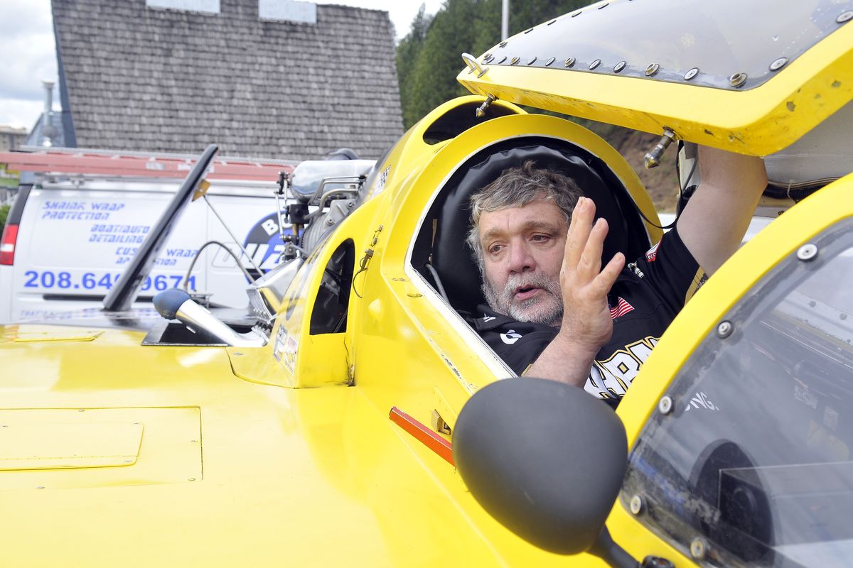 Sitting in his hydroplane on display at Silver Beach, driver Joe Souza talks about his Grand Prix boat June 8 as the announcement was made that Diamond Cup races are returning to Lake Coeur d’Alene on Labor Day weekend. (Jesse Tinsley)