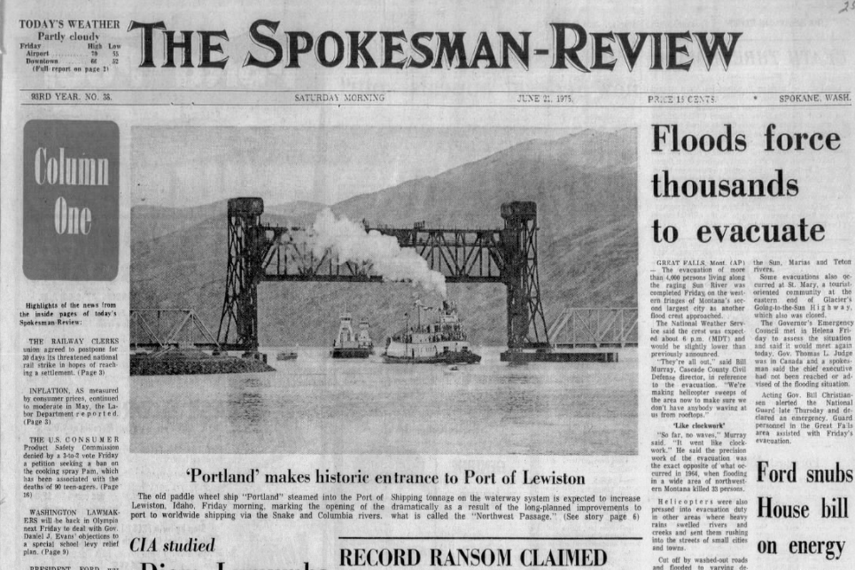 The Spokesman-Review on June 21, 1975, ran a photo of the steam-powered sternwheeler “Portland,” steaming into the port of Lewiston on the third and final day of the dedication of the Snake River dams. (Spokesman-Review archives)